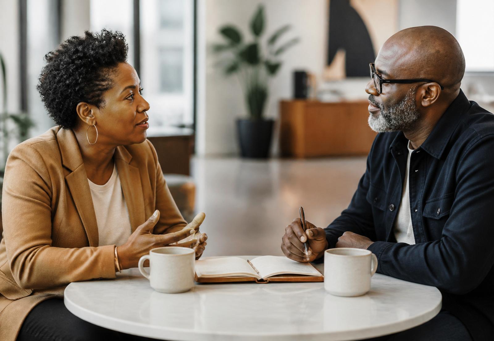 Two ministry leaders in thoughtful conversation across a small table