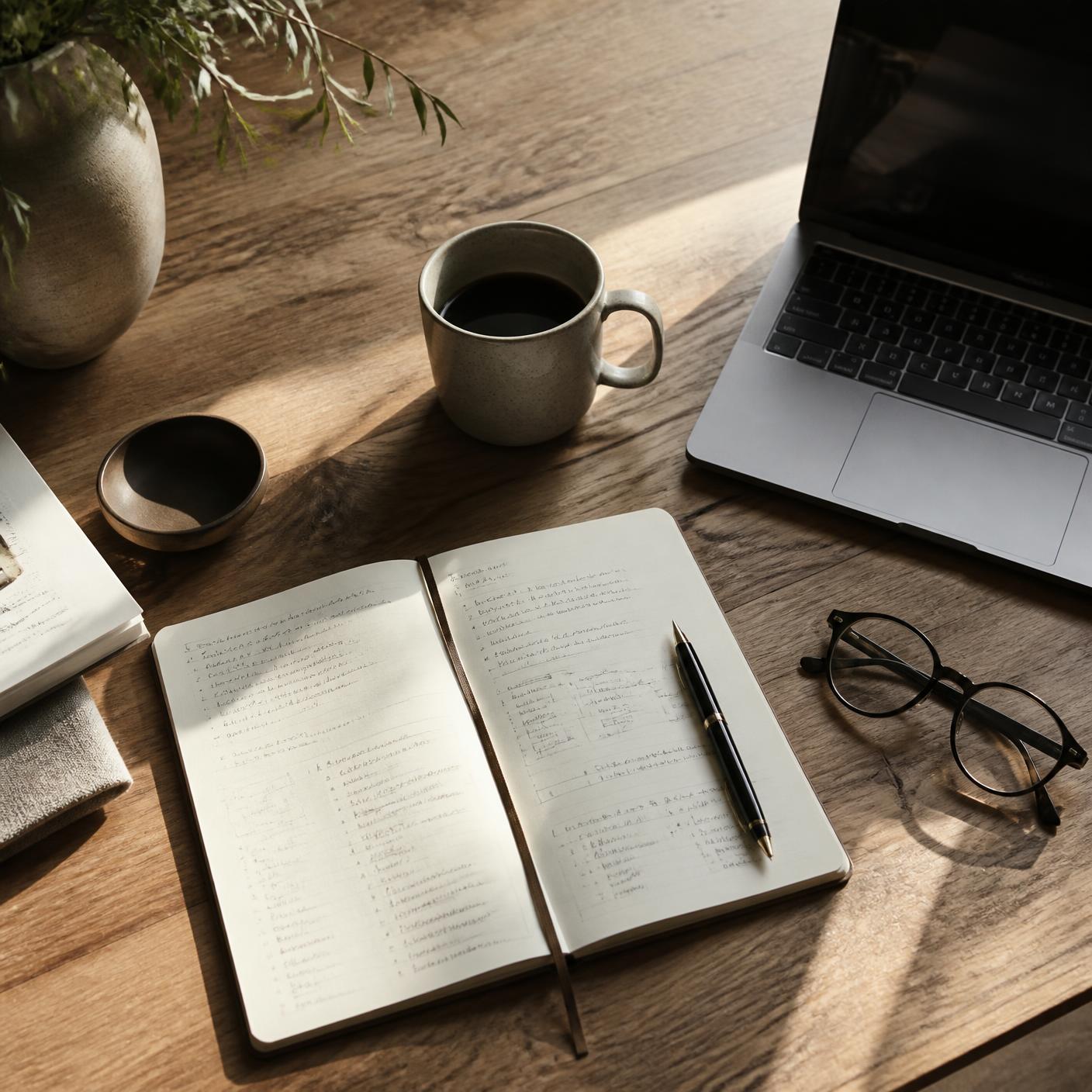 Hand writing in a leather journal beside an open book, warm window light